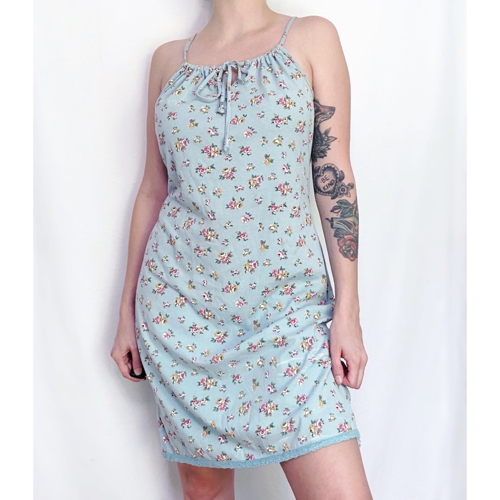 Vintage Y2K Dainty Rose Floral Blue Halter Keyhole Dress